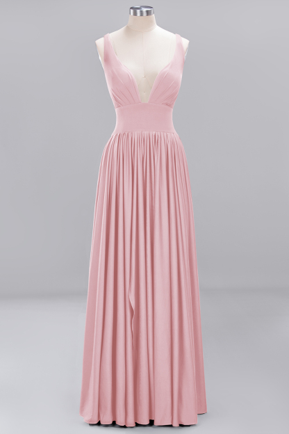 A-Line V-Neck Sleeveless Long Ruffles Bridesmaid Dress