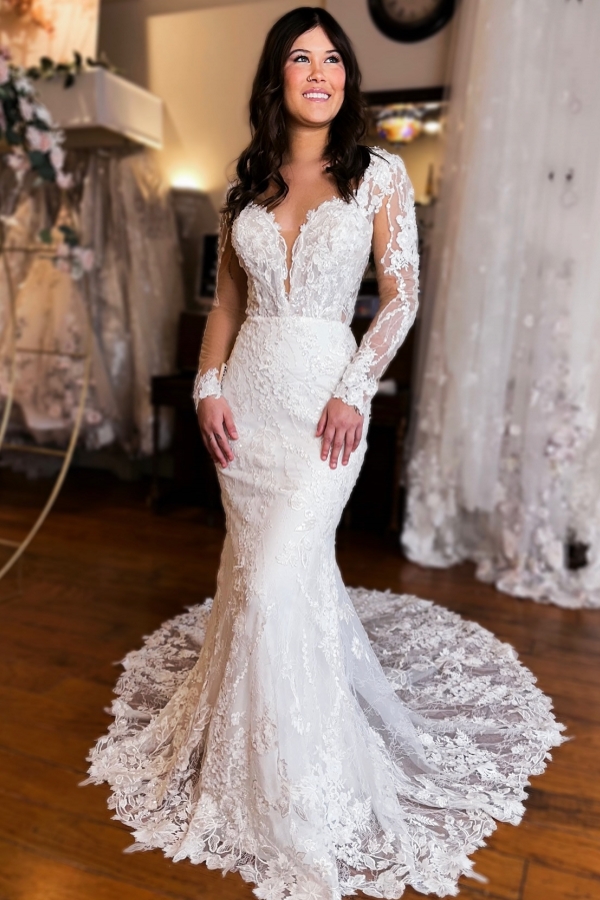 knee length dresses for ladies Mermaid Sweetheart Spaghetti Straps Wedding Dress with Appliques, Diamond White / 20 main image 0