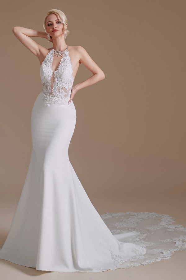 Modest Long Mermaid Halter Backless Satin Wedding Dresses with Appliques Lace