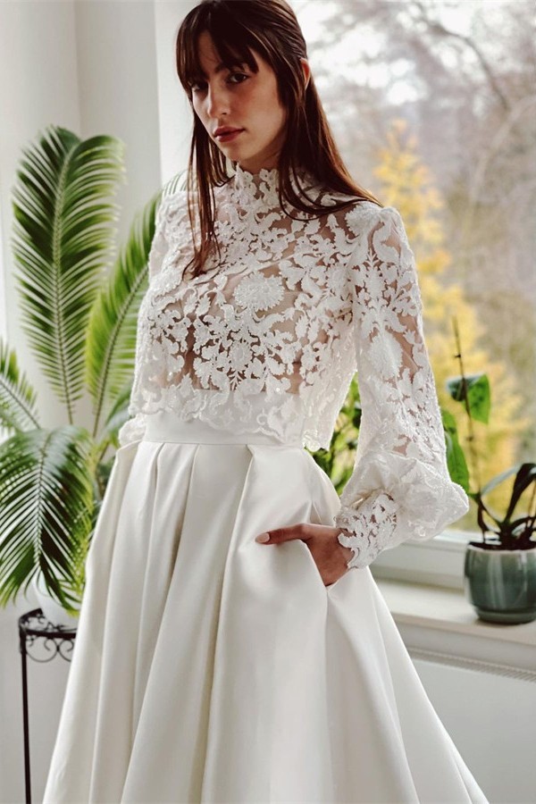 Two Piece Long Sleeves A-line High Neck Satin Lace Wedding Dress with Pockets