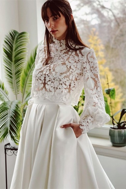 Two Piece Long Sleeves A-line High Neck Satin Lace Wedding Dress with Pockets