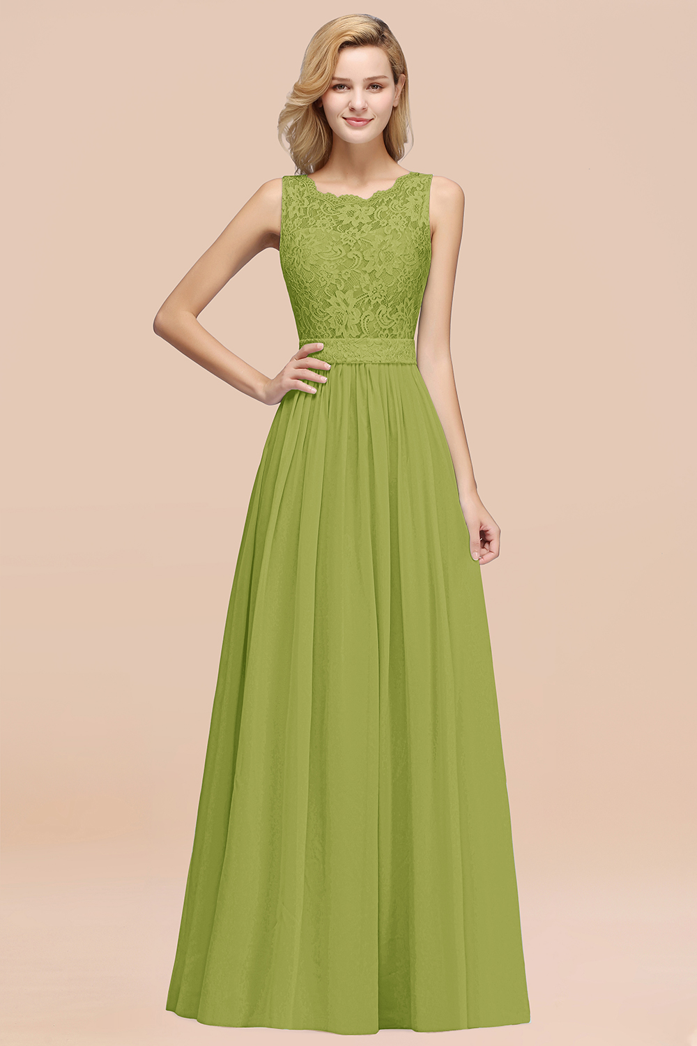 Chiffon A-Line Lace Scalloped Sleeveless Long Ruffles Bridesmaid Dress
