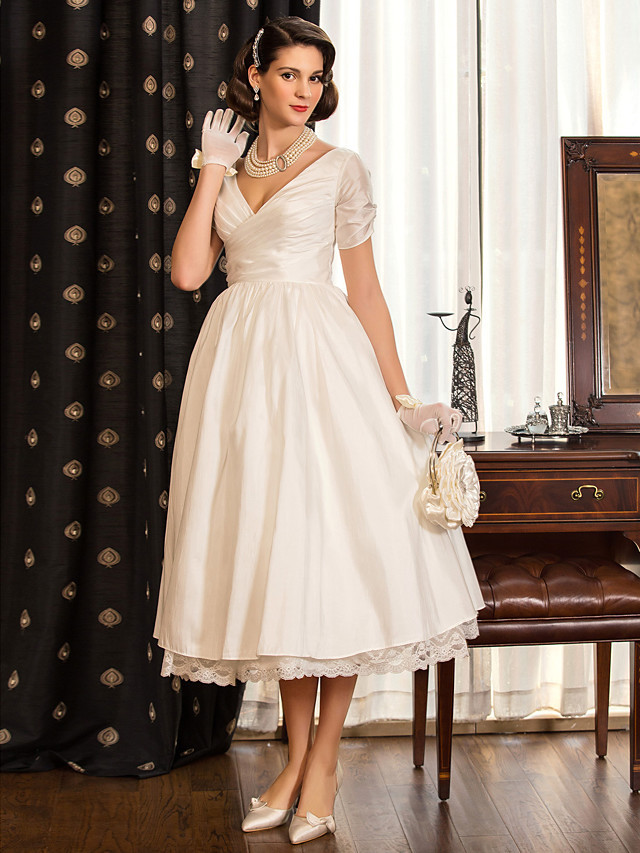 Short A-Line V Neck Tea Length Taffeta Wedding Dresses with Short Sleeve