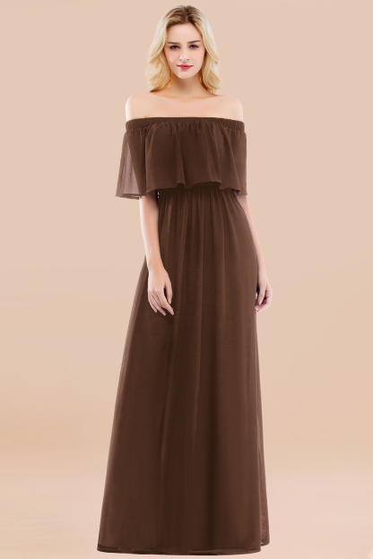 A-line Chiffon Off-the-Shoulder Short-Sleeves Ruffles Floor-length Bridesmaid Dress