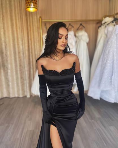 Black Long Mermaid Satin Sweetheart High Split Prom Dresses