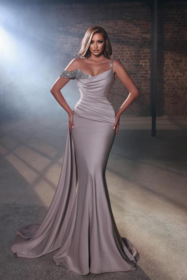 Long Mermaid Satin Prom Dress Asymmetric Glitter Sequins Formal Evening Gowns