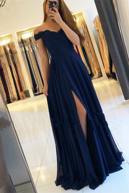 Delicate Off-the-shoulder Beading A-Line Ruffles Prom Dress With Side Slit