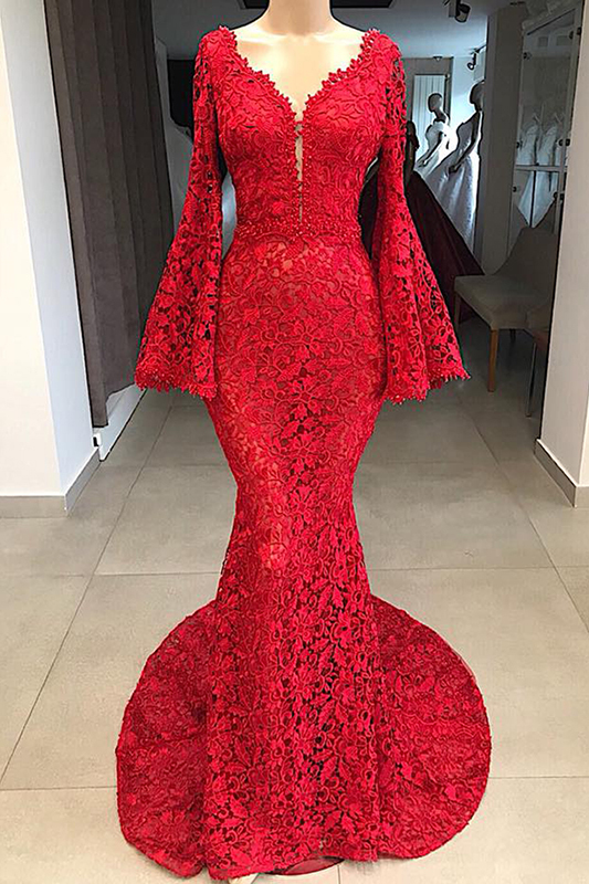 Stunning V-neck Long Sleeves Lace Floor-length Mermaid Prom Dress