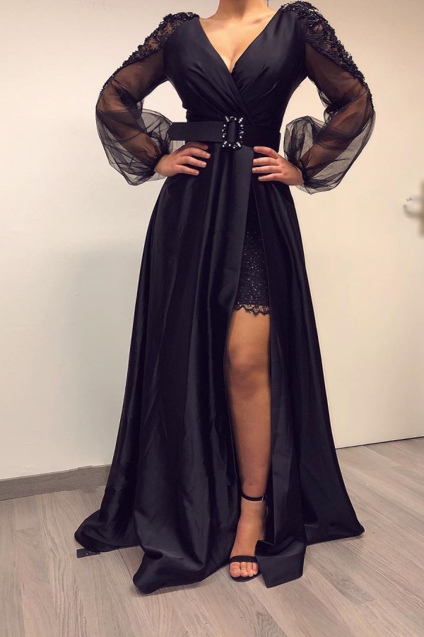 Unique Black A-line Floor-length V-neck Long Sleeve Backless Satin Beading Prom Dress With Slit