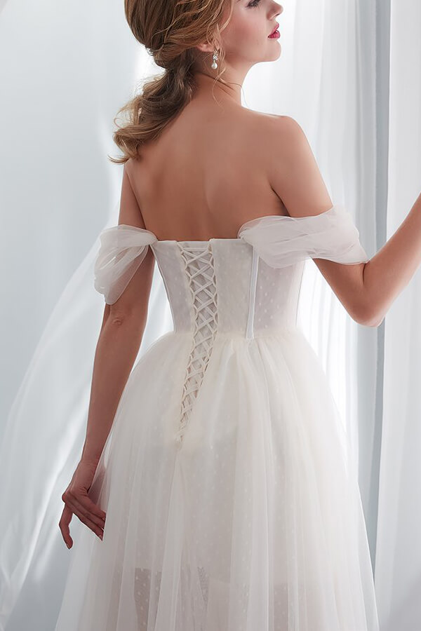 Long Sweetheart Lace-up Tulle Off the Shoulder A-line Wedding Dress