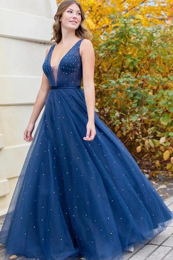 Elegant Deep V-neck Wide Straps A-line Floor-length Pearl Tulle Ruffles Prom Dress