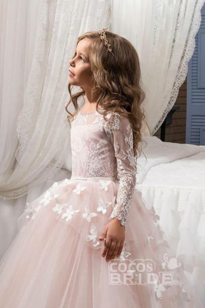 White Scoop Neck Long Sleeves Ball Gown Flower Girls Dress