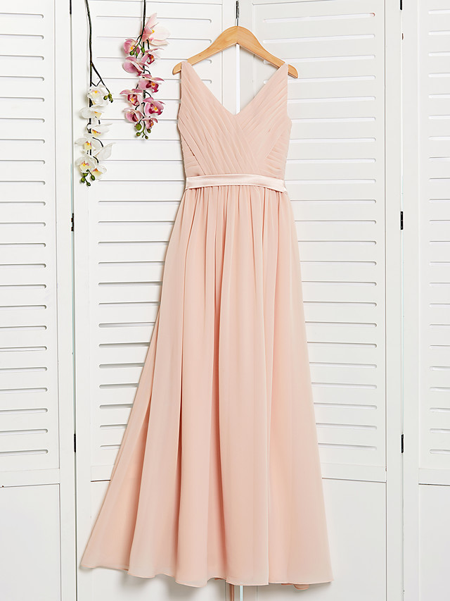 A-Line V Neck Maxi Chiffon Junior Bridesmaid Dress With Sash / Ribbon / Ruching