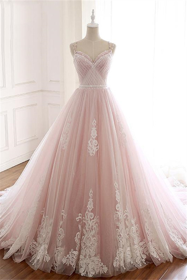 Long Spaghetti Straps Tulle A-Line Appliques Lace Floor-length Prom Dress