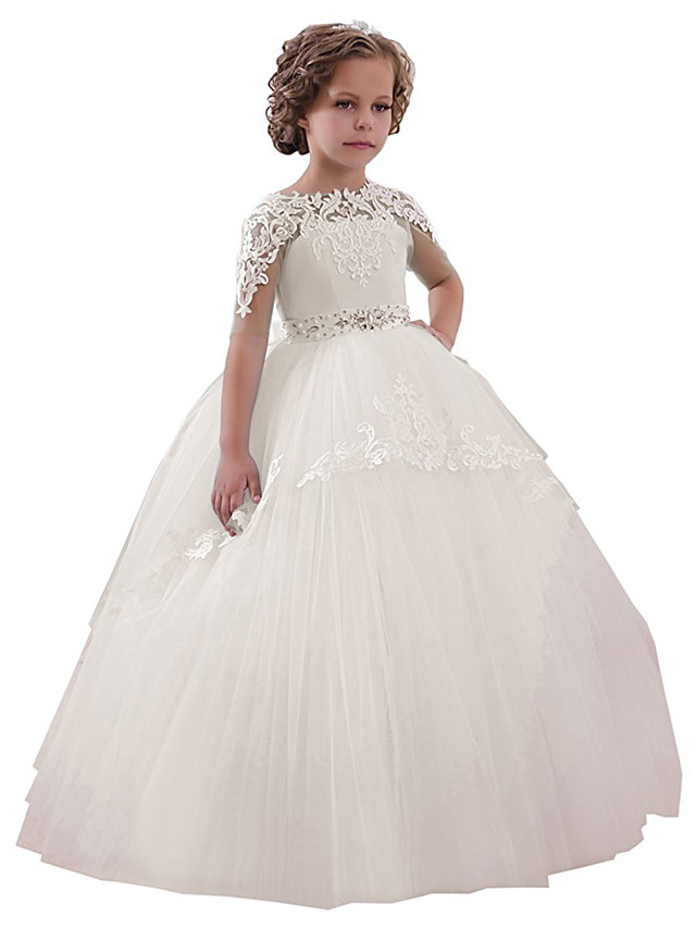 Long Ball Gown Jewel Neck Tulle Floor Length Birthday Party Dresses with Sleeves