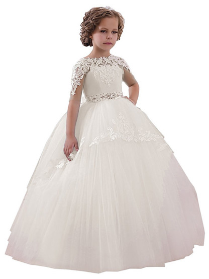 Long Ball Gown Jewel Neck Tulle Floor Length Birthday Party Dresses with Sleeves