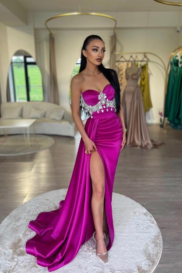Rhinestones Appliques Lace Sweetheart Satin Slit Satin Prom Dress