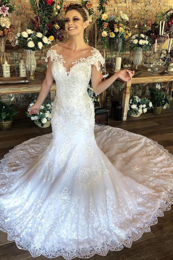 Charming Long Mermaid Sweetheart Lace Wedding Dress with Cap Sleeves   COCOSBRIDE