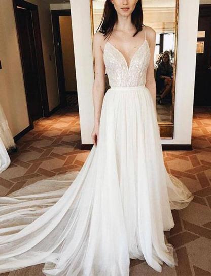 Elegant Long A-line V-neck Lace Spaghetti Straps Chiffon Prom Dress