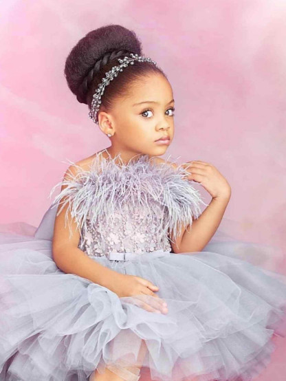 A-Line Chapel Train Wedding / Party Flower Girl Dresses - Poly Sleeveless Strapless With Feathers / Fur / Tier / Solid