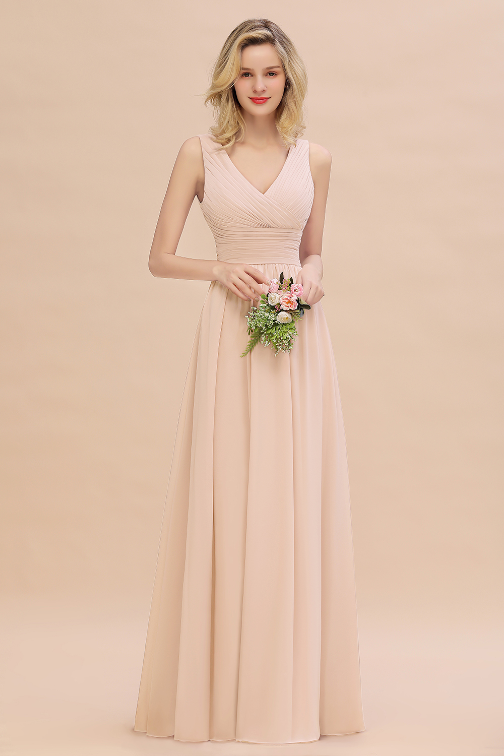Elegant A-line V-Neck Ruffles Long Bridesmaid Dress
