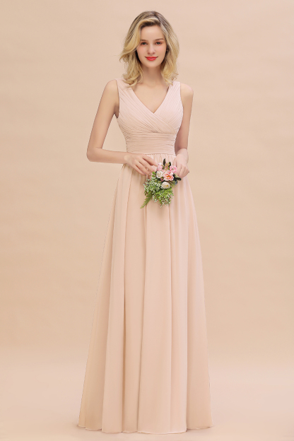 Elegant A-line V-Neck Ruffles Long Bridesmaid Dress