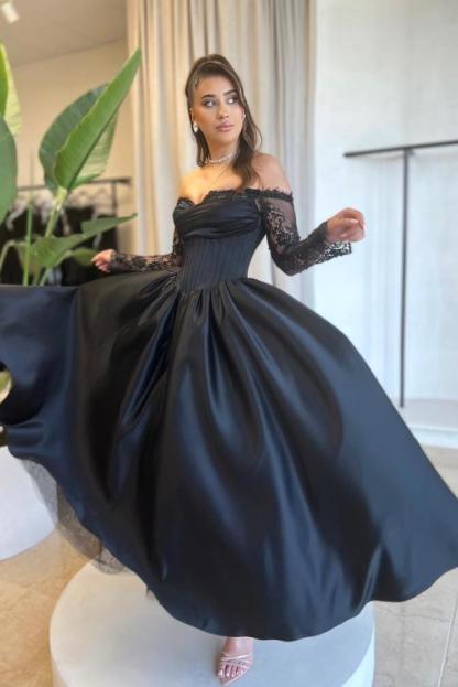 Black Long A-line Off the Shoulder Satin Wedding Dresses with Lace Sleeves