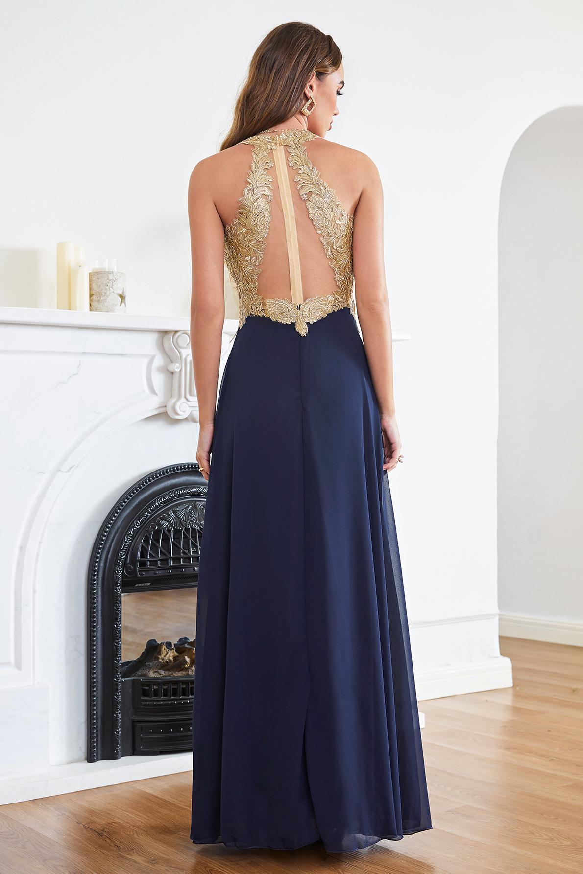Long Halter Gold Lace Appliques A-line Chiffon Formal Evening Dress