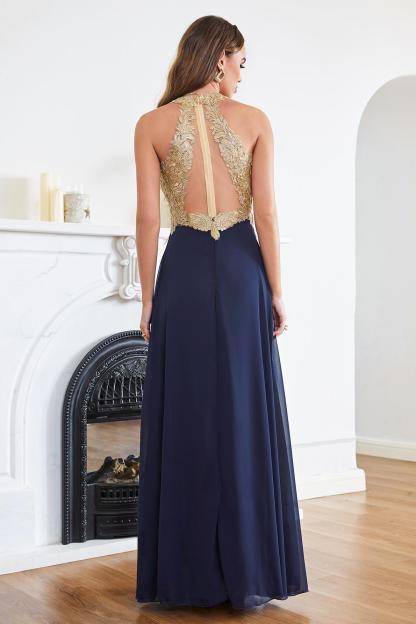 Long Halter Gold Lace Appliques A-line Chiffon Formal Evening Dress