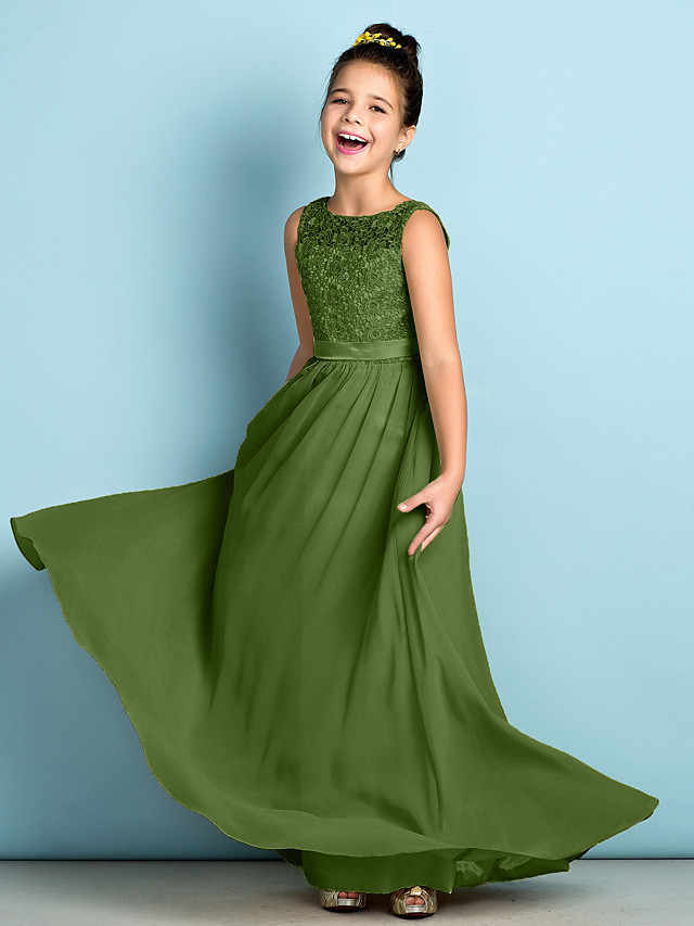 A-Line Scoop Neck Floor Length Chiffon / Lace Junior Bridesmaid Dress With Lace / Natural / Mini Me