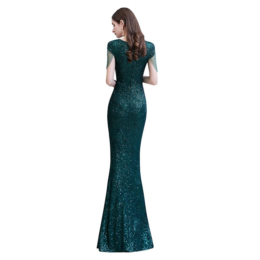 Elegant Cap Sleeve Green Sequins Long Prom Dress