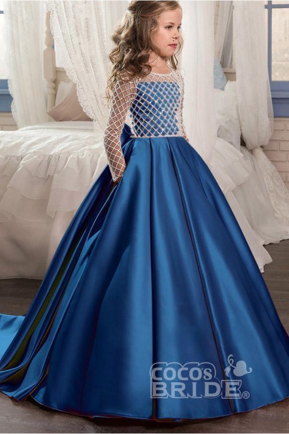 White Scoop Neck Long Sleeves Ball Gown Flower Girls Dress