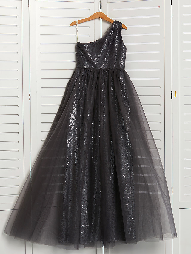 Long A-Line One Shoulder Tulle Junior Bridesmaid Dress