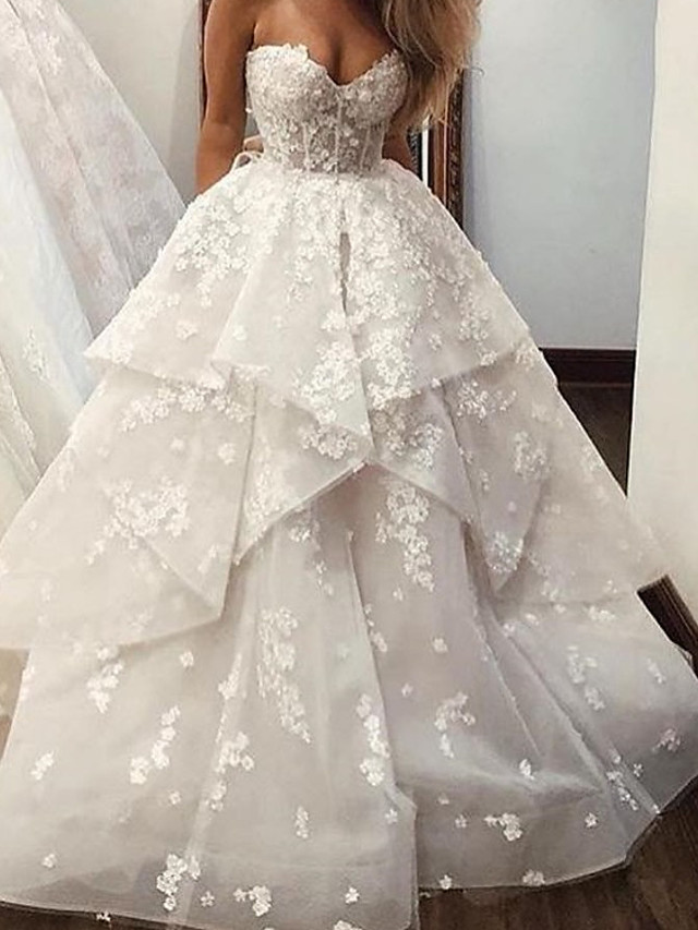 Long Ball Gown Sweetheart Brush Train Lace Tulle Sleeveless Wedding Dresses