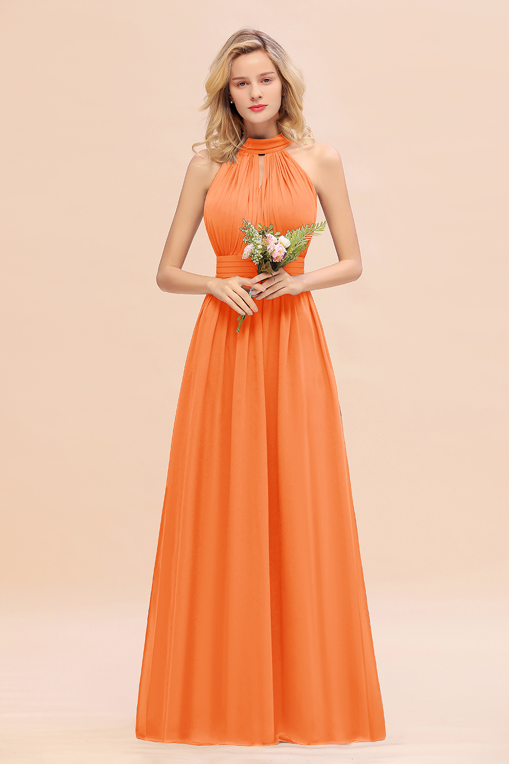 BM0758 Glamorous High-Neck Halter Bridesmaid Affordable Dresses with Ruffle