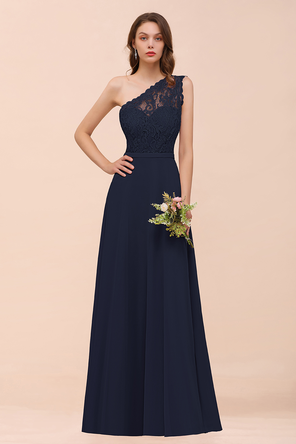Classy One Shoulder Appliques Lace Floor-length A-Line Chiffon Bridesmaid Dress