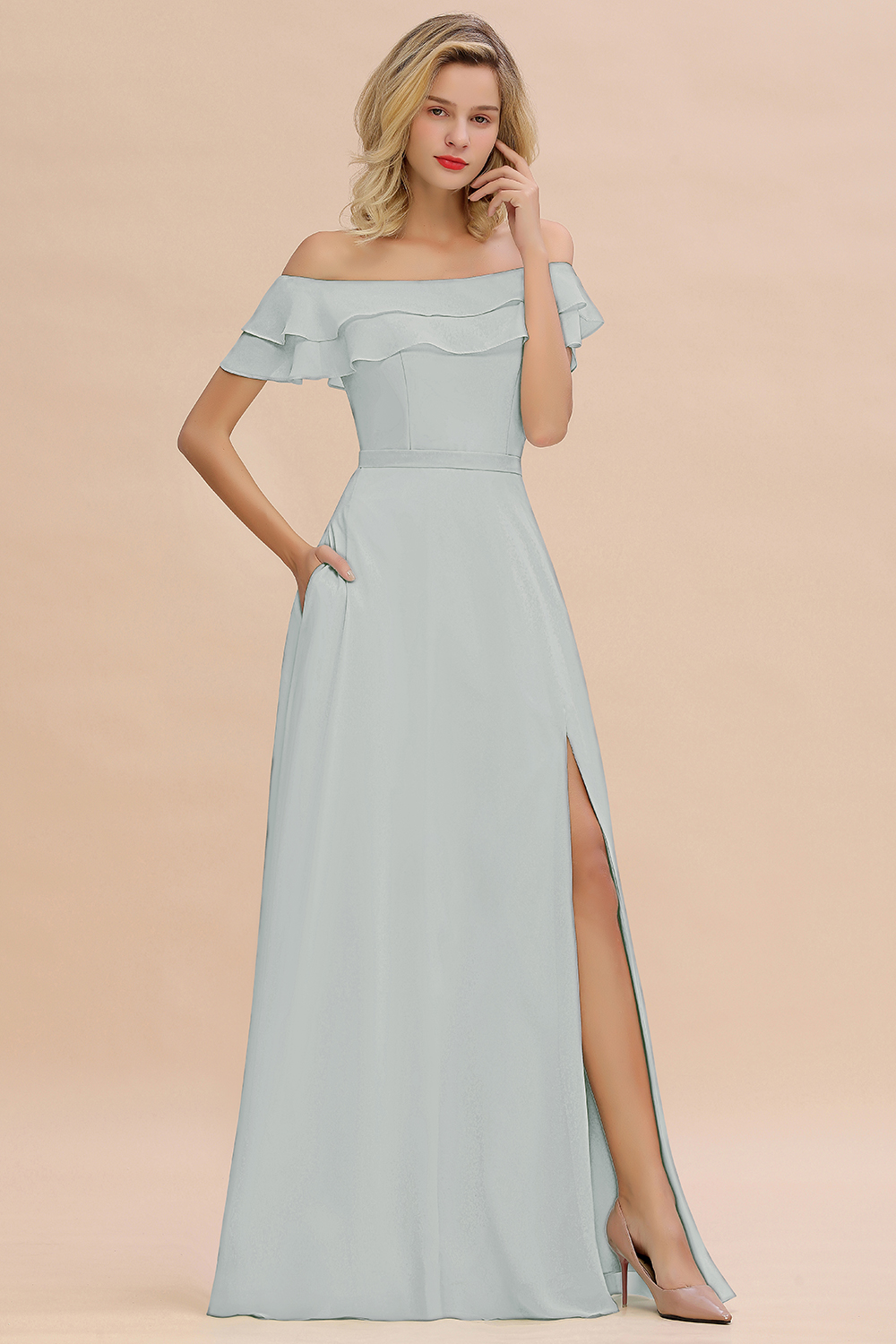 Off-the-Shoulder Front Slit Mint Green Long Bridesmaid Dress