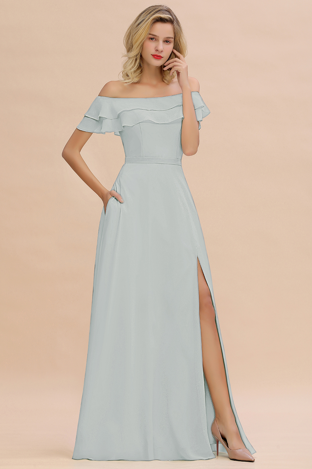 Off-the-Shoulder Front Slit Mint Green Long Bridesmaid Dress