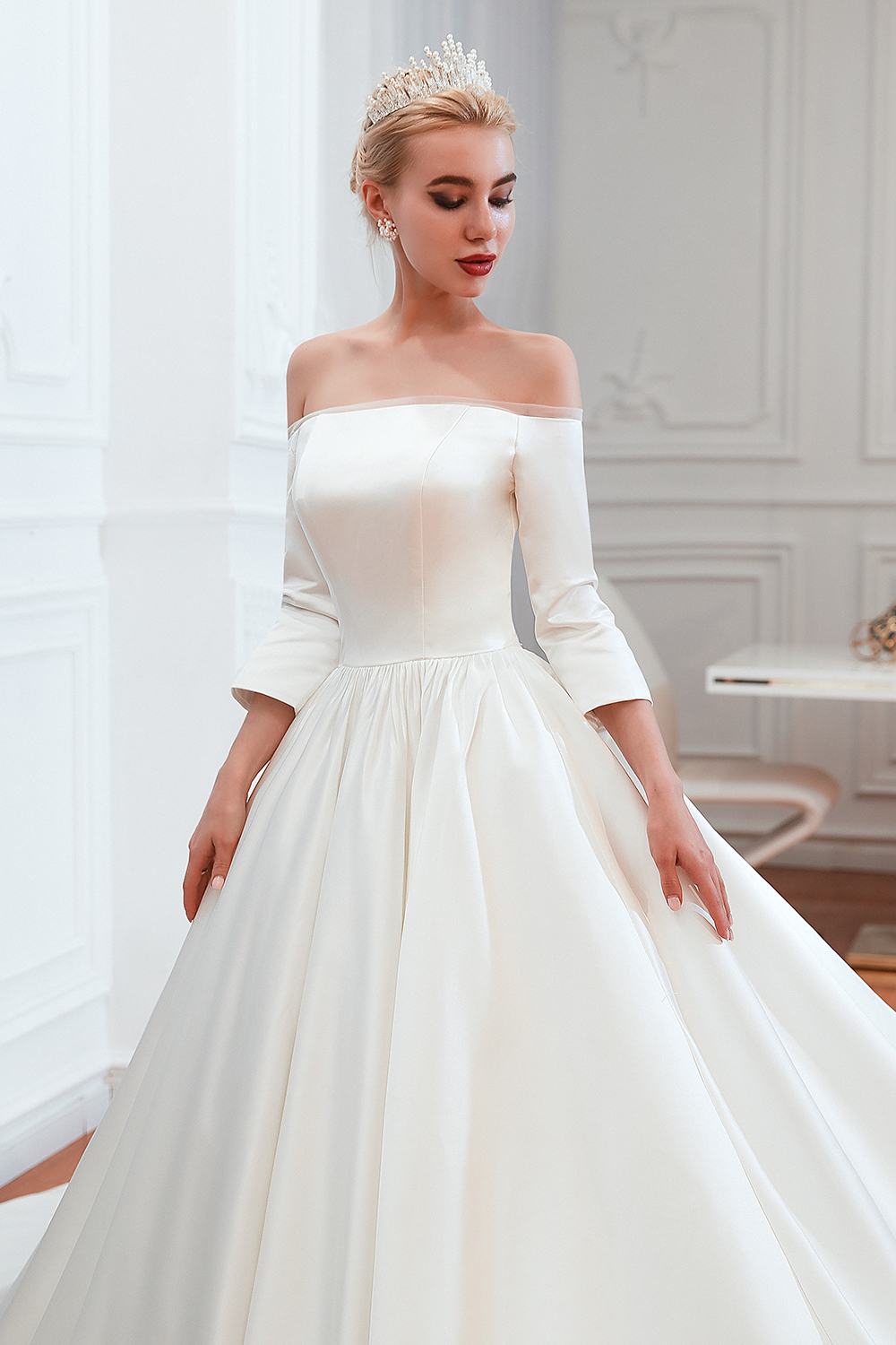 White Long Ball Gown Off Shoulder Lace-up Satin Wedding Dress with Sleeves