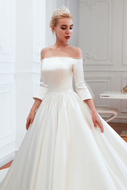 White Long Ball Gown Off Shoulder Lace-up Satin Wedding Dress with Sleeves