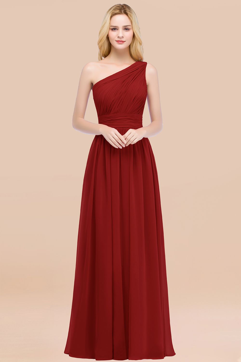 Elegant A-Line Chiffon One-Shoulder Sleeveless Ruffles Floor-Length Bridesmaid Dresses