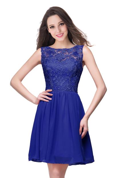 Simple Crew Neck Off The Shoulder Lace Chiffon Mini Homecoming Dress