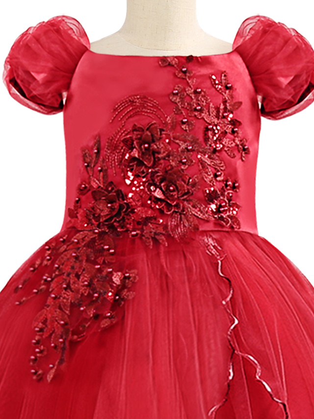 Princess Maxi Birthday / Pageant Flower Girl Dresses - Chiffon / Tulle Short Sleeve Boat Neck With Beading / Appliques / Paillette