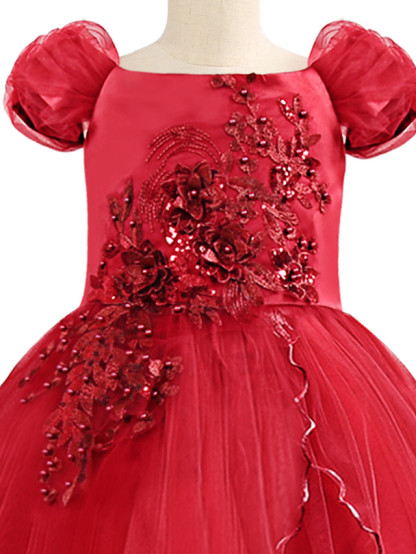 Princess Maxi Birthday / Pageant Flower Girl Dresses - Chiffon / Tulle Short Sleeve Boat Neck With Beading / Appliques / Paillette