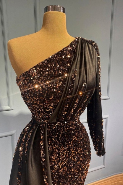 Charming Long Mermaid One Shoulder Beads Ruffle Sequins Evening Prom Dresses with Sleeves