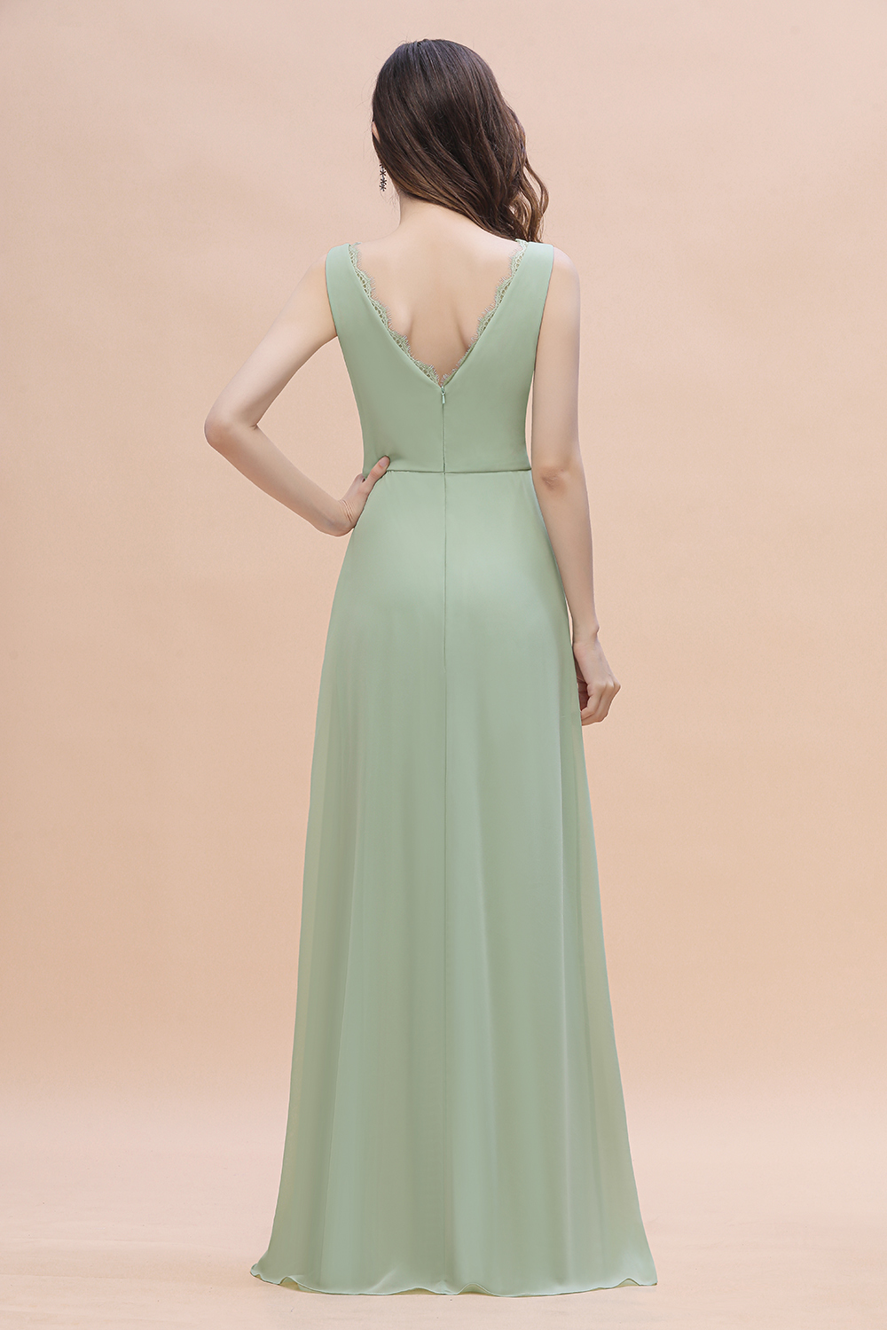 Wide Straps V-Neck Ruffles Chiffon Beach A-Line Bridesmaid Dress With Side Slit