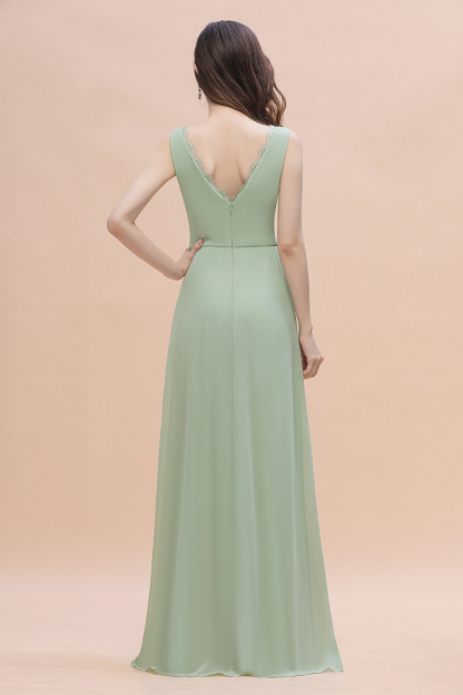 Wide Straps V-Neck Ruffles Chiffon Beach A-Line Bridesmaid Dress With Side Slit