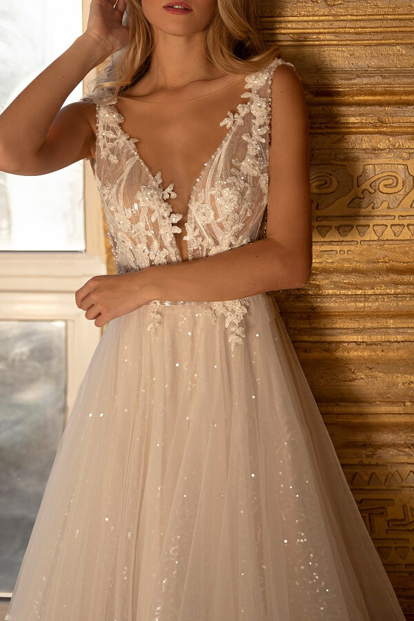 Elegant Long V-neck Appliques Lace Tulle A-line Wedding Dress