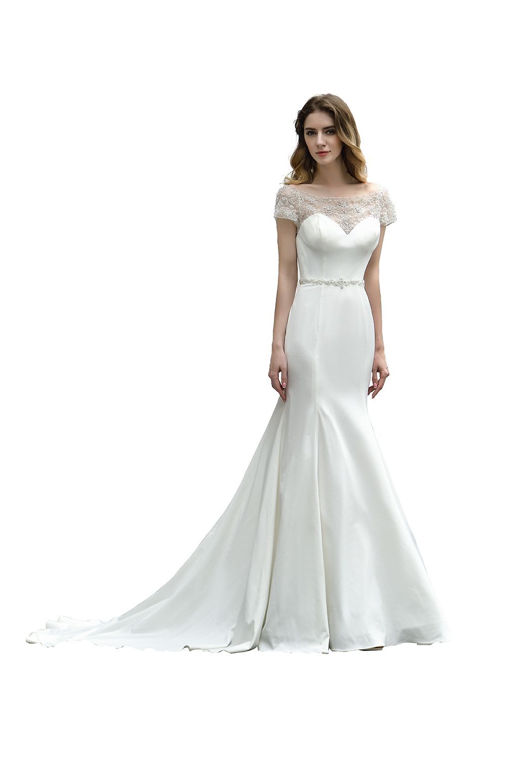Long Mermaid Satin Belt Lace White Dresses with Short Sleeves
