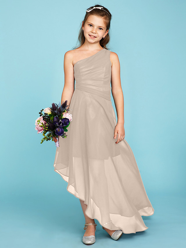 A-Line One Shoulder Asymmetrical Chiffon Junior Bridesmaid Dress With Side Draping / Wedding Party